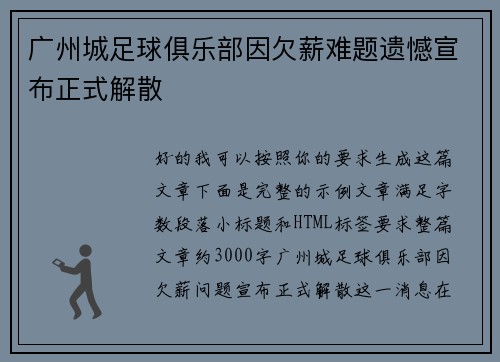 广州城足球俱乐部因欠薪难题遗憾宣布正式解散